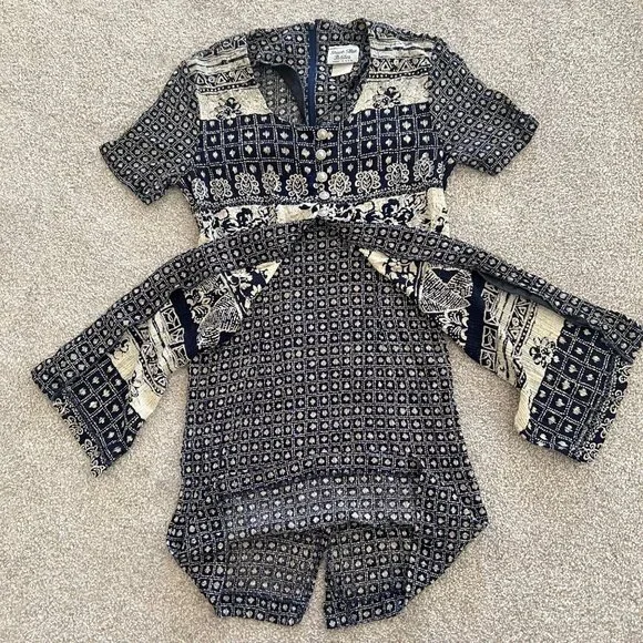 Vintage 90s Stuart Alan Boho Split Hem Geometric Floral Henley Button Dress P6 - Picture 7 of 13